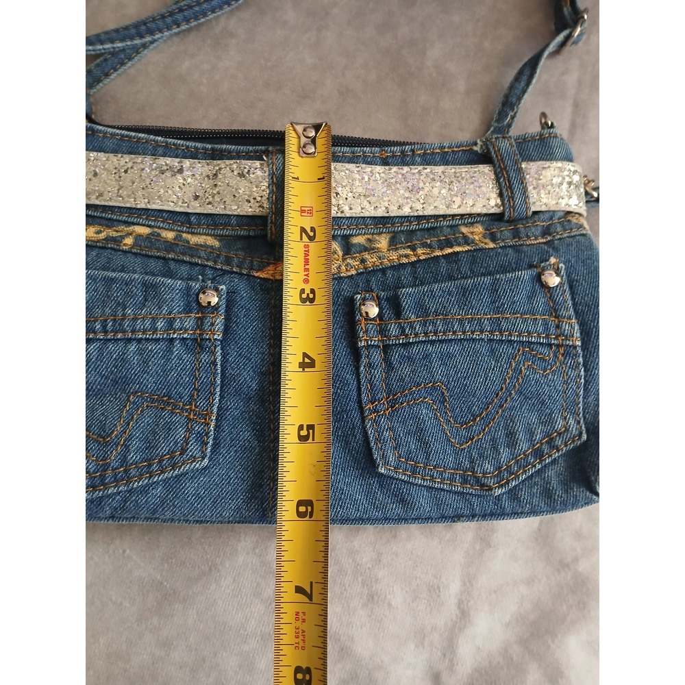 Y2K Denim Pocket Crossbody Bag Blue Jean Purse with Silver Glitter Belt Small - Picture 7 of 8